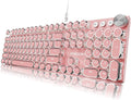 EWEADN Typewriter Style Mechanical Keyboard Wired Typewriter Keyboards104 Keys Backlit LED Metal Keyboards Media Control Knob Wired Computer Keyboard White Switch for Windows/Mac/PC-Dark Pink