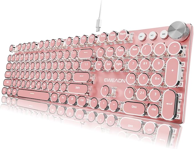 EWEADN Typewriter Style Mechanical Keyboard Wired Typewriter Keyboards104 Keys Backlit LED Metal Keyboards Media Control Knob Wired Computer Keyboard White Switch for Windows/Mac/PC-Dark Pink