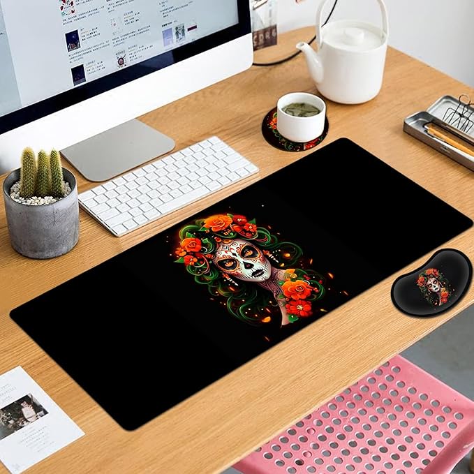Large Mouse Pad with Mouse Wrist Rest 31.5x11.8 in Extended Mouse Mat Ergonomic Memory Foam Wrist Rest for Work &amp Gaming Writing Pad Colorful Day of The Dead Women Black Office Desk Pad