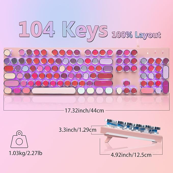 HUO JI Mechanical Gaming Keyboard Typewriter Style with RGB Side Lit and Purple LED Backlit Retro Style Blue Switches - Clicky Metal Panel Lipstick 104 Keys USB Wired for Mac PC Cute Pink