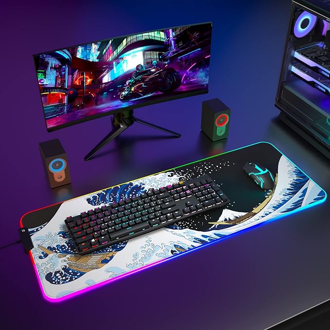 ITNRSIIET RGB Gaming Mouse Pad Full Desk XL Extended Large Gaming Mousepad 12 Lighting Modes 30% Thicker Big LED Desk Mat for Gamers 32 x 12 inches Japanese Waves