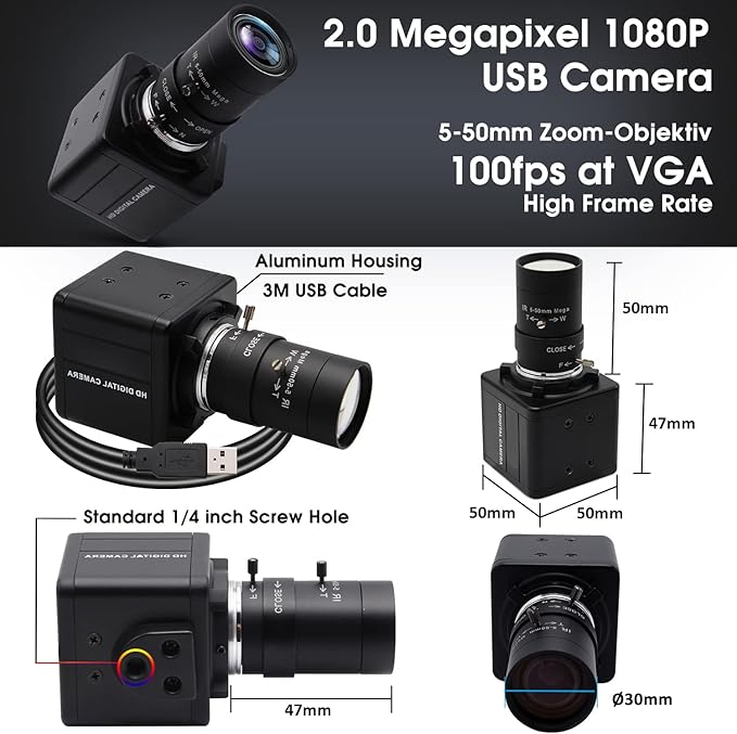 SVPRO HD USB Camera 1080P with 5-50mm Zoom Lens10X Optical Zoom USB Web Camera Manual Focus with CMOS OV2710 SensorHigh Speed 100fps/60pfs/30fps Video Camera for PC ComputerLaptop