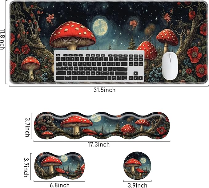 Keyboard Mouse Pad SetLarge Mouse Pad+Keyboard Wrist Rest+Wrist Support+Coaster31.5x11.8in Extended Desk Mat for Computer Laptop Office Home-Mushroom Forest