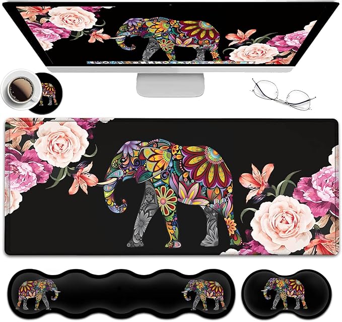 Gaming Mouse Pad XXL Large Desk Mat Non-Slip Rubber Mice Stitched Edges(31.5x11.8 in) Ergonomic Memory Foam Keyboard Wrist Rest Cute Funy Anime Cartoo Colorful Elephant Black Extended Mouse Pad Set