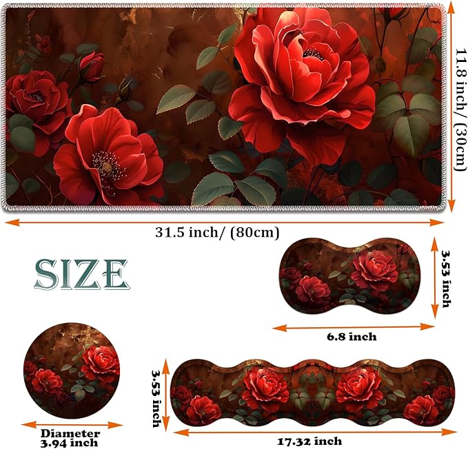 Large Gaming Mouse Pad + Keyboard Wrist Rest + Wrist Support + Coaster Set Memory Foam Ergonomic for Easy Typing XXL Extended Gaming Mouse Pad Table Pad - Red Rose