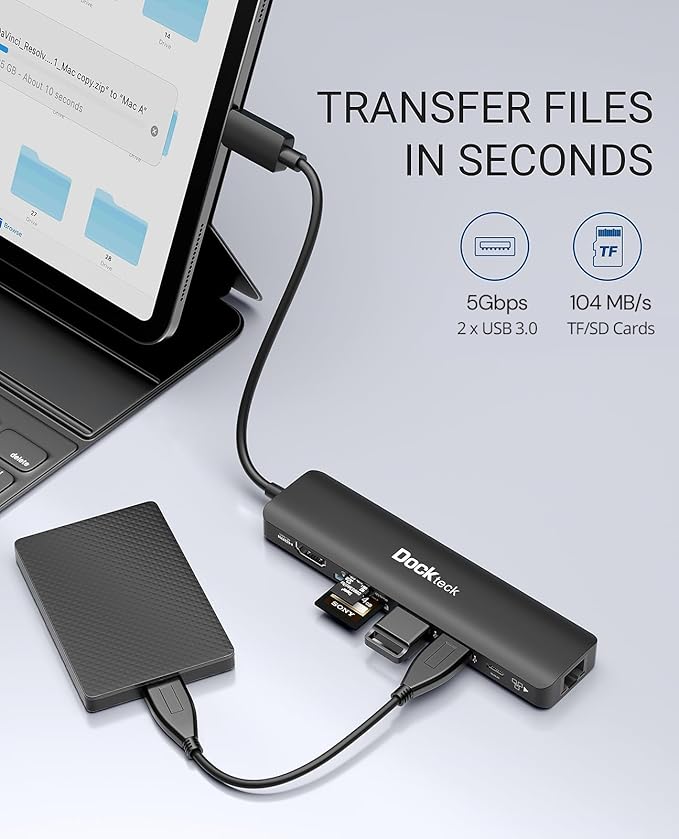 USB C Hub 4K 60Hz Dockteck 7-in-1 USB C PD Ethernet Hub Dongle with 4K 60Hz HDMI 1Gbps Ethernet 100W PD 2 USB 3.0 SD/Micro SD for MacBook Air/Pro M1 2020 iPad Pro 2021 iPad mini 6 and More