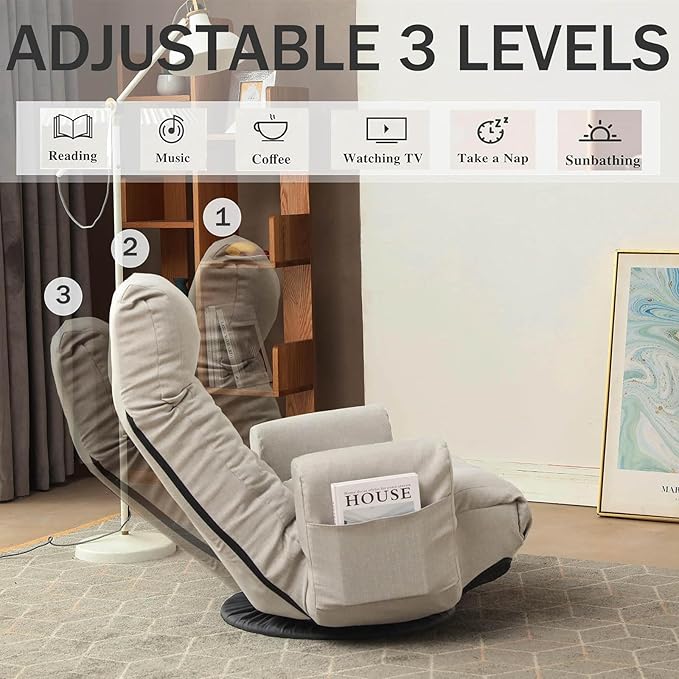 360° Swivel Gaming Floor Chair Linen Folding Lounge Chair 14 Position Adjustable Folding Sofa Chair with Armrests Cushion Padded Indoor Chaise Lounge Rocker for Teens &amp Adults (Linen Gray)