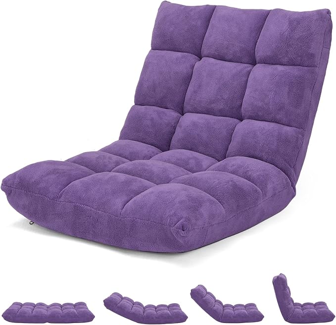 14-Position Lazy Sofa Chair with Back Support Soft Coral Fleece Recliner for Gaming Reading Meditating Yoga (Violet)