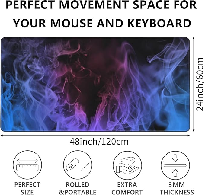 Huge 48x24 inch Mouse Pad - Extra Large Gaming Smoke Mouse Pads with Stitched Edges for Desk Non-Slip Rubber Base 3XL Mousepad Waterproof Keyboard Pad Desk Pad for Gamer Office Home (Blue)