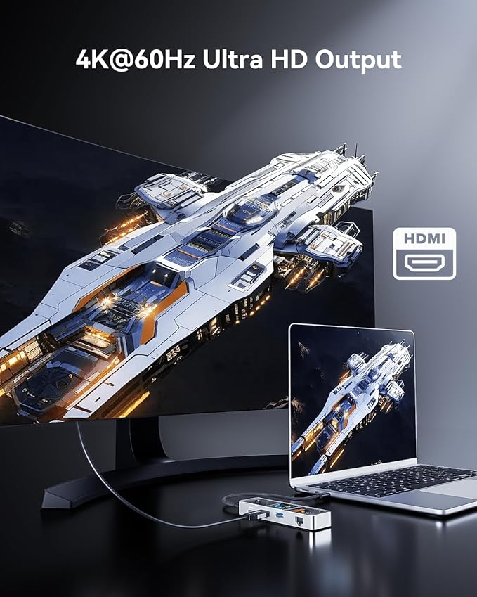 DOCKCASE Explorer Edition Visual Smart USB C Hub (6-in-1) with HDMI Port 4K@60HzGigabit EthernetUSB-C and 2 USB-A 5Gbps Data Ports 100w PD Power Delivery for MacBook Air/Pro XPS and More