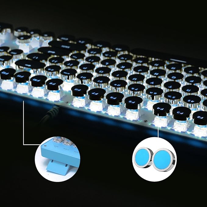 Typewriter Style Mechanical Gaming Keyboard RGB Backlit Wired with Blue Switch Retro Round Keycap 104 Keys Keyboard (Blue 104 Keys LED)
