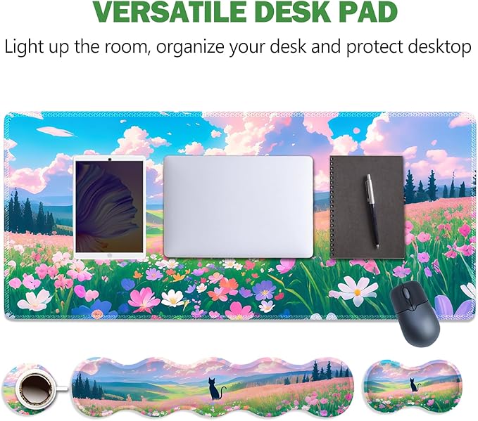 ARTSO Keyboard Wrist Rest Large Mouse Pad Wrist Support 4 in 1 Memory Foam Keyboard Pad Desk Mat Set Ergonomic Wrist Rest Cushion for Home Office Gaming-Cat and Flower Sea