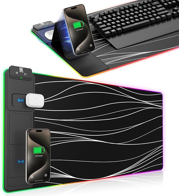 XXL Mouse Pad with Foldable Phone Holder - Black RGB Desk Mat with 15W Fast Charging LED Gaming Mousepad with 11 Light Colors Waterproof Non-Slip Pad (Stand XXL RGB Wavy)