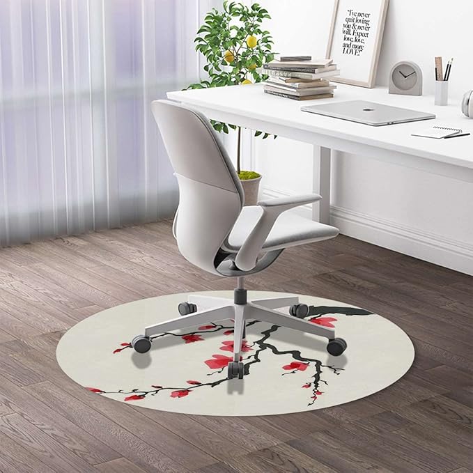 Cinnamon Red PU Leather Computer Chair Mat for Rolling Chair Simplistic Cherry Blossom Under Desk Low-Pile Office Rug Large Anti-Slip Multi-Purpose Japanese Diameter 59 in