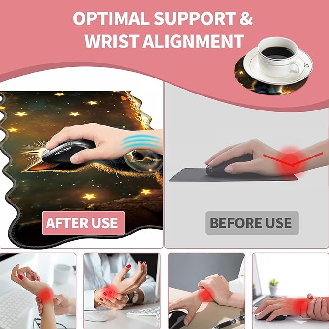 Large Gaming Mouse Pad Keyboard Wrist Rest Pad &amp Wrist Support Mousepad Set Stitched Edge Extended Non-Slip Base Memory Foam Desk Mat for Office HomeCute Kitten