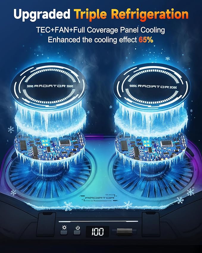 Upgraded Laptop Cooling Pad with Dual TEC Cooler Gaming Laptop Cooler 2 Powerful Turbo Fans Fast Cooling Laptop 12-21in 5 Height Stands 100 Gear Speed Adjust LCD Screen RGB Phone Holder