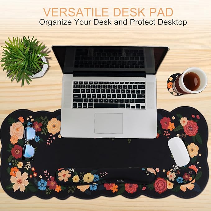 Petmolico Ergonomic Wrist Pad Set 4 in 1 with Computer Keyboard Desk Gaming PadMouse Pad with Wrist RestTyping Wrist Support and Cup CoastersNon-Slip PU Base [BlackFloral Hoop]