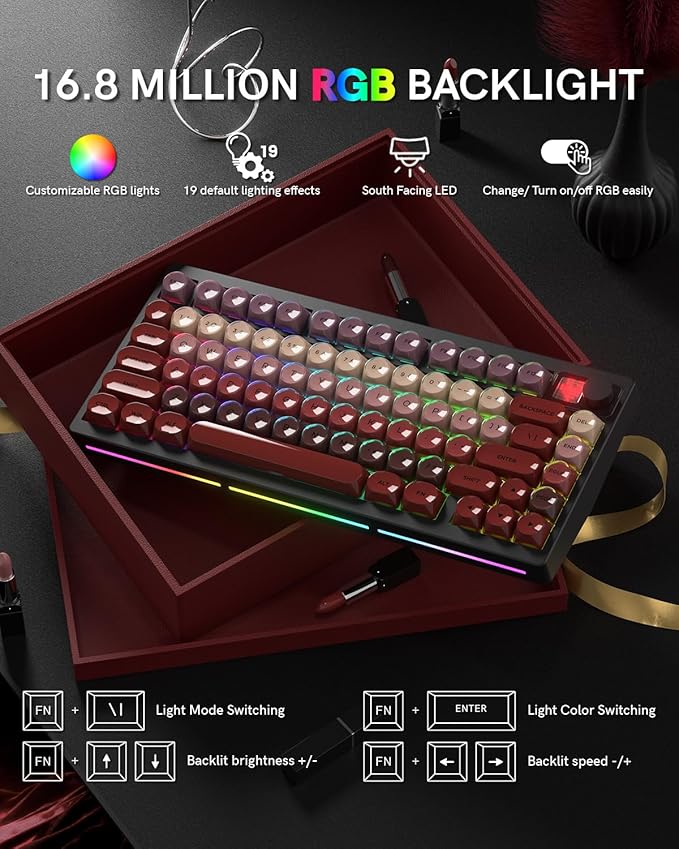 MT75 Lipstick Wireless Mechanical Keyboard 75% Layout Hot Swap Gasket Custom Structure Creamy Pre-lubed Switches Gaming Keyboard with MOA Jelly Keycaps RGB Backlit BT5.0/2.4G/USB-C Mode