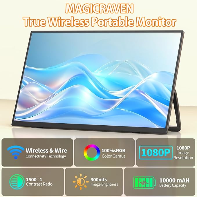 Wireless Portable Monitor for Laptop 18.5 Portable Monitor with Battery-1080P FHD Second Screen for Home &amp Office AirPlay &amp Miracast Casting No Cables or Drivers Needed