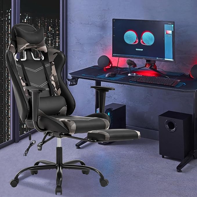Gaming Chair High Back Computer Gaming Chair with Footrest Ergonomic Massage PC Game Chair PU Leather Racing Office Chair Adjustable Task Chair w/Headrest Armrest for Teens Adults- Camo