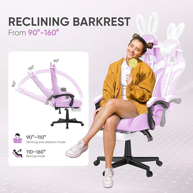 Huracan Gaming Computer Chair with Footrest Adjustable Video Game Chairs for Adults Heavy Duty Office Chair with Headrest and Lumbar Support Light Purple
