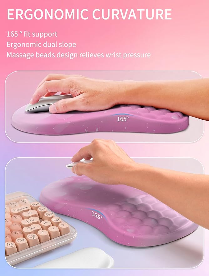 Hokafenle 2in1 Combination Wave Keyboard Wrist Rest and Ergonomic Curvature Mouse Pad Wrist Support for Relieve Wrist Pain Filled with Soft Cushion Memory Foam Romantic Pink
