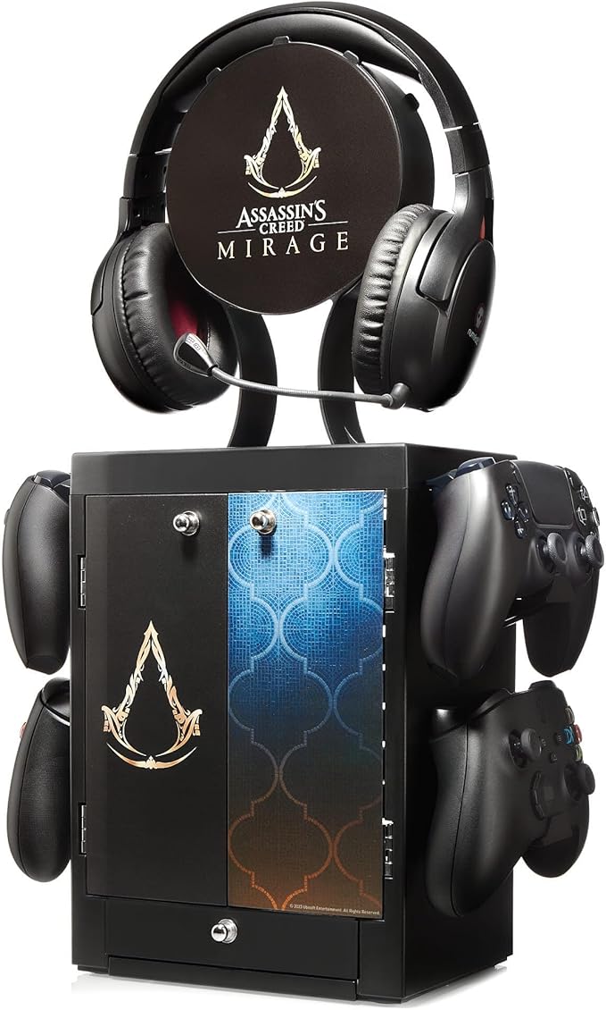 Numskull Official Assassins Creed Gaming Accessory Locker &amp Storage Stand – Holds 10 Games/DVDs 4 Controllers Headset &amp Accessories – Durable Compact Organizer – Official Assassins Creed Mer