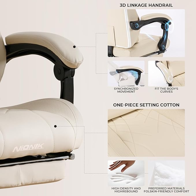 Gaming Chair with Footrest and Massage Lumbar Support Ergonomic Computer Gamer Chair Office Video Game Chairs with Adjustable Height and Backrest (Beige)