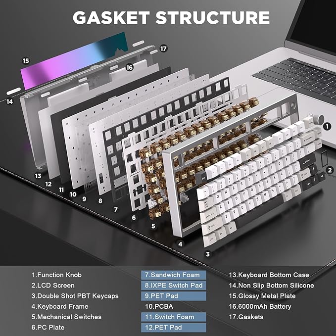 YUNZII AL80 Wireless Mechanical KeyboardFull Aluminum CNC Smart LCD DisplayHot Swappable Gasket Mount 75% Layout with KnobBT/2.4G/USB-CQMK/VIA Support for Win/Mac (Silver Cocoa Cream V2 Switch)