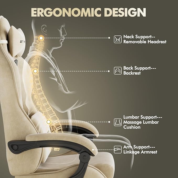 Soontrans Velvet Fabric Gaming Chair with Footrest Comfortable Video Gamer Chair for Adult Ergonomic Desk Game Office Computer Chairs with Massage Lumbar CushionHeadrest