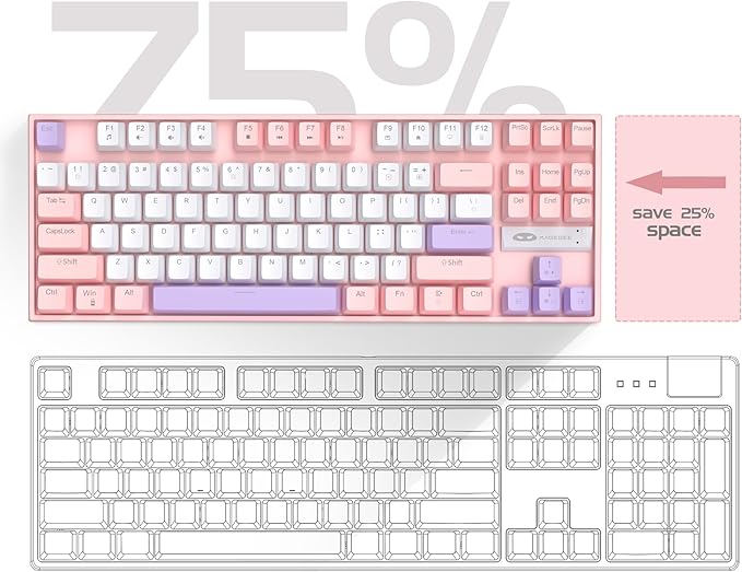 MageGee 75% Mechanical Gaming Keyboard Red Switch LED Blue Backlit 87 Keys Compact TKL Wired Computer Keyboards for Windows Laptop PC Gamer - White/Pink