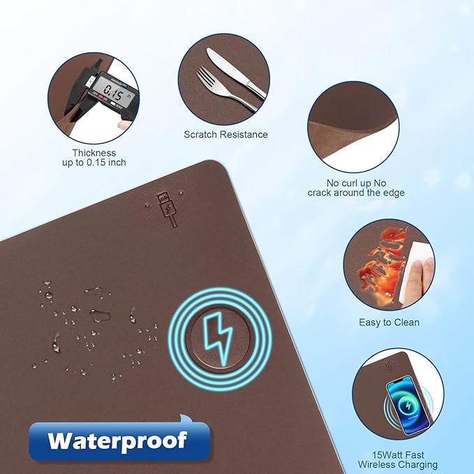 Wireless Charging Desk Mat with Desk Pad for Desktop Charging Large Mouse Pad Waterproof Leather Computer Mat Mouse Pad Non-Slip Protector on Top of Desks for Keyboard and Mouse (brown-r 32*16inch)