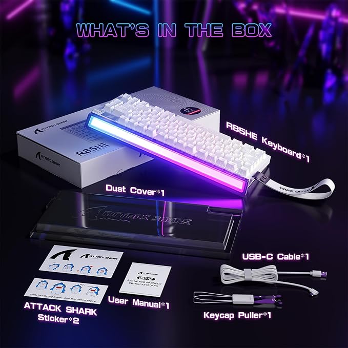ATTACK SHARK R85 HE Wired Rapid Trigger Mechanical RGB Gaming Keyboard with Custom Lightbox8KHz Polling Rate0.005mm RT Accuracy0.08MS LatencyHall EffectMagnetic SwitchDriver for PC-White Contour