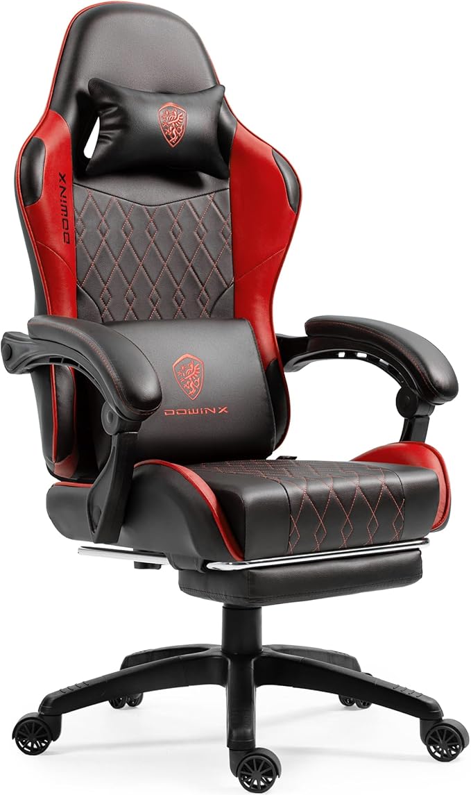 Dowinx Gaming Chair with Massage Lumbar Support and Footrest Video Game Chair for Adults Adjustable Ergonomic Gamer Chairs High Back with Pocket Spring Cushion Swivel Recliner Black and Red
