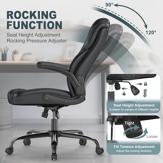 AnyGod Executive Office Chair Comfy Ergonomic Computer Desk Chairs with Flip-up Armrests Lumbar Support High Back 360° Swivel and Rocking Function for Home Office