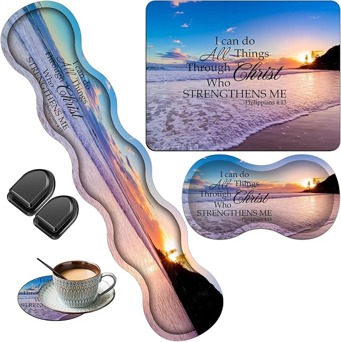 Keyboard Wrist Rest Pad + Mouse Wrist Rest Pad +Mouse Pad + Coaster + Hook Set Ergonomic Wrist Pain Relief Anti-Slip Mouse Pad for Home and Office Beach Philippians 4-13