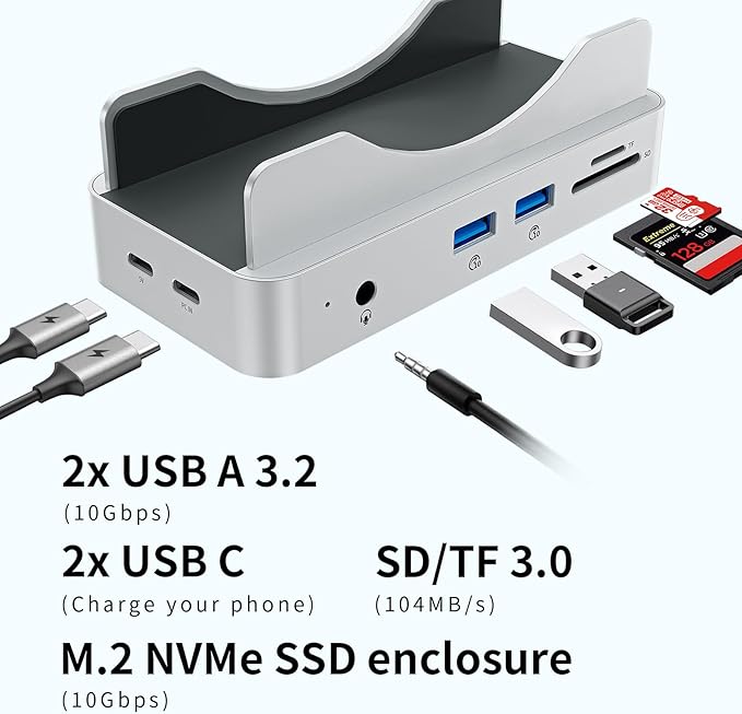 PHIXERO Mac mini M4 Dock and Stand with Up to 8TB M.2 NVMe SSD Enclosure 6-in-1 Aluminum Hub 10Gbps USB-A&ampC SD/TF Reader Stand Docking Station for Mac mini M4/M4 Pro