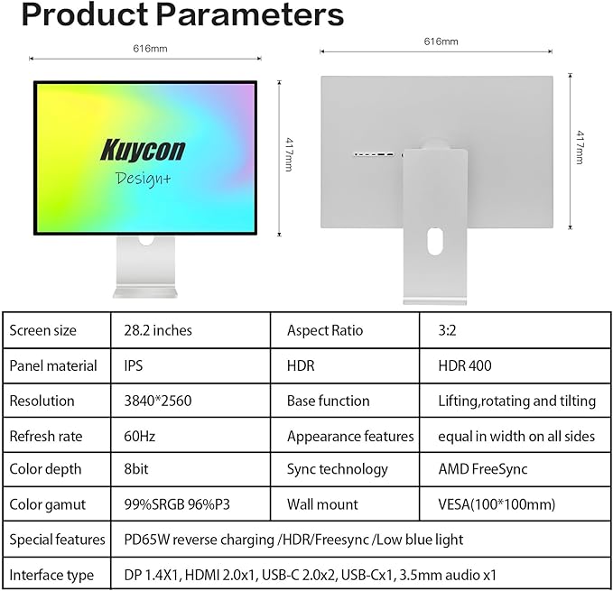 P10 28 inch FHD (3840x2560) 4K Monitor IPS Black Panel 16.70 Million Colors 99% sRGB 8msHDR10G-Sync FreeSync1200:1 ContrastEye CareAnti-GlareHDMIDPVESA (Minimalist - Without Stand)
