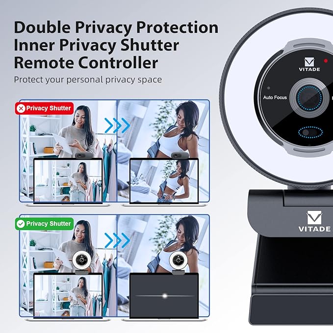 Zoomable Webcam with Remote Control 1080P 60FPS Streaming Webcam with Adjustable Ring Light and Tripod Pro USB 5X Digital Zoom Webcam for Zoom/Skype Teams/Laptop/Mac Windows