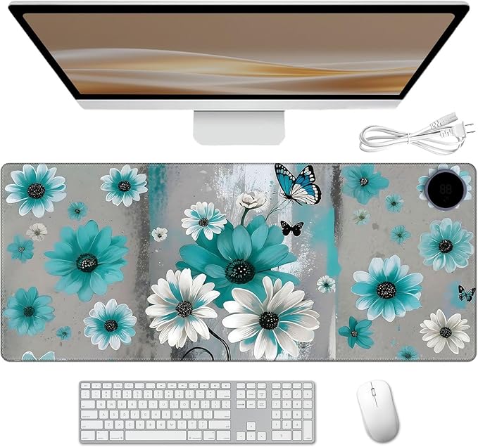 Heated Desk Pad 31.5 x 13 3 Large Heated Mouse Pad with Heat Levels (40°C/45°C/50°C) &amp 3H Auto Shut-Off Desk Mat Fast Heating PU Leather Warmer Mousepad for Home OfficeSunflowers and Butterflie