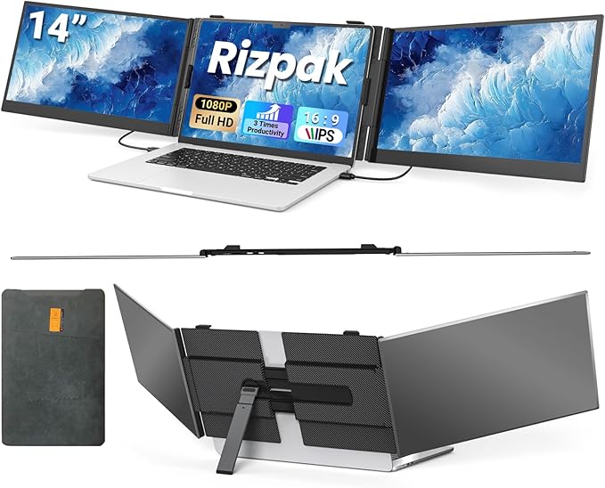 14 Triple Laptop Screen Extender FHD 1080P IPS Ultra-Thin Portable Monitor 2.2lbs Plug &amp Play USB-C/HDMI Travel Monitor for 13”-17” Laptops Compatible with Windows Mac Android Chrome