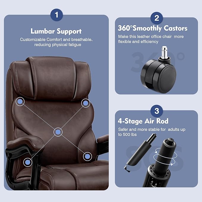 Office Chair Ergonomic Big and Tall 500lbs Computer Desk Chairs Heavy Duty Executive Breathable Leather Chair with Adjustable High Back Lumbar Support Swivel PC Chair