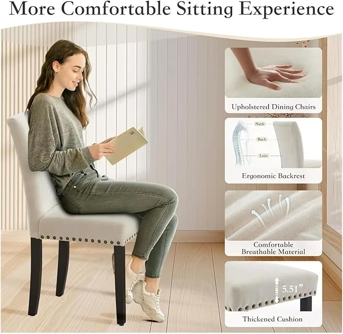 Adjustable Office Computer Chair with Armrest 2pcsc Fabric Upholstered Dining Chairs High Backrest with Nailhead Trim Wooden Legs(Grey)