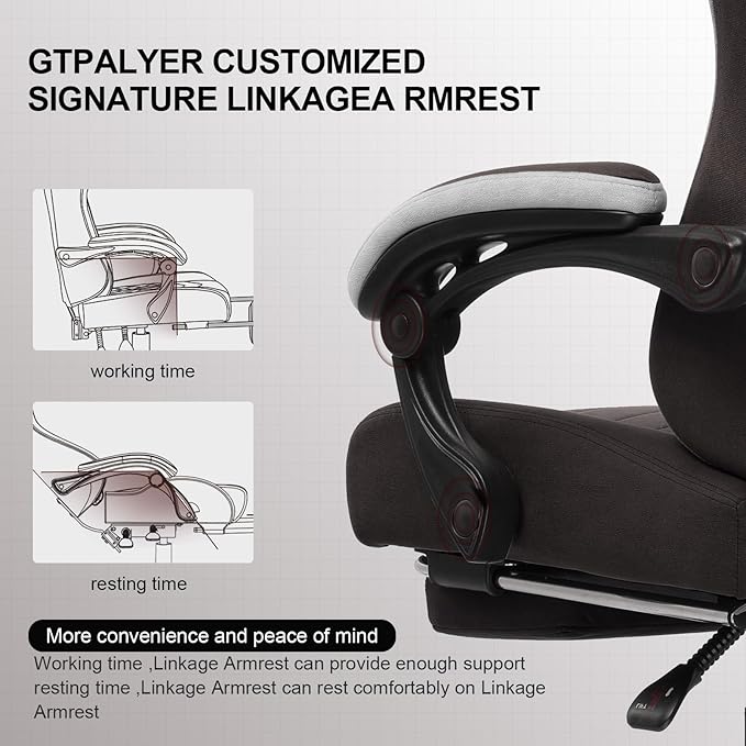 GTPLAYER Gaming Chair with Footrest Fabric Office Chair with Pocket Spring Cushion and Linkage Armrests High Back Ergonomic Computer Chair with Lumbar Support Task Chair Brown