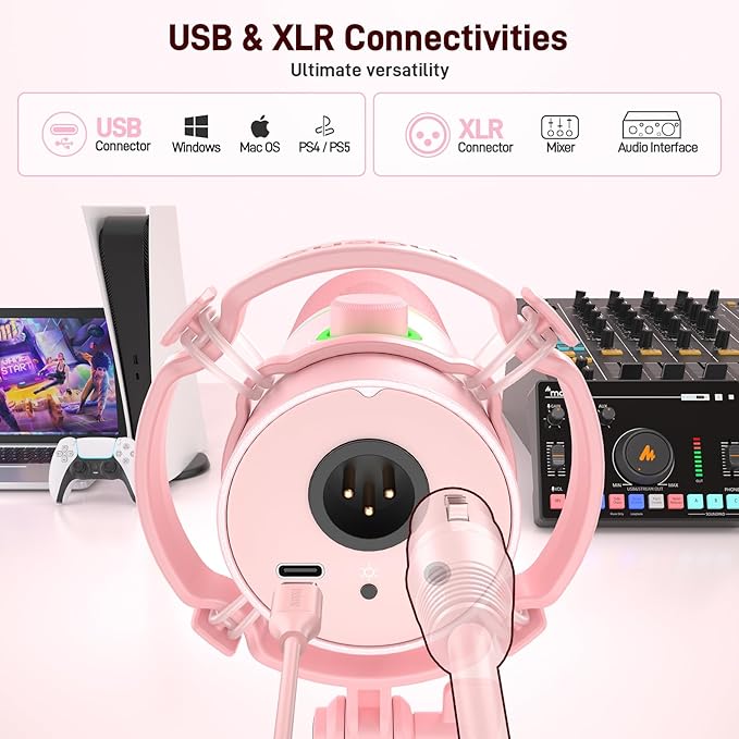 MAONO XLR/USB Dynamic Microphone Kit RGB Gaming Mic with Software Mute Gain Knob Volume Control Boom Arm for Streaming Podcasting Voice-Over Recording-PD200XS Pink