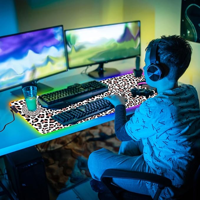 Customized RGB Gaming Mouse Pad and Coffee CoasterLarge Glowing Led Anti-Slip Rubber Base Computer Keyboard Desk Mouse Mat 31.4x11.8 InchLeopard Print