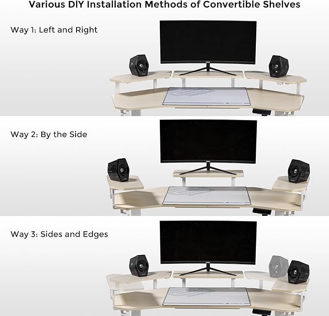 EUREKA ERGONOMIC Aero 55 Inch W Shaped Electric Standing Desk Height Adjustable Computer Gaming Desk with LED Monitor Shelf Mouse Pad Headphone Hook Cup Holder Natural Maple