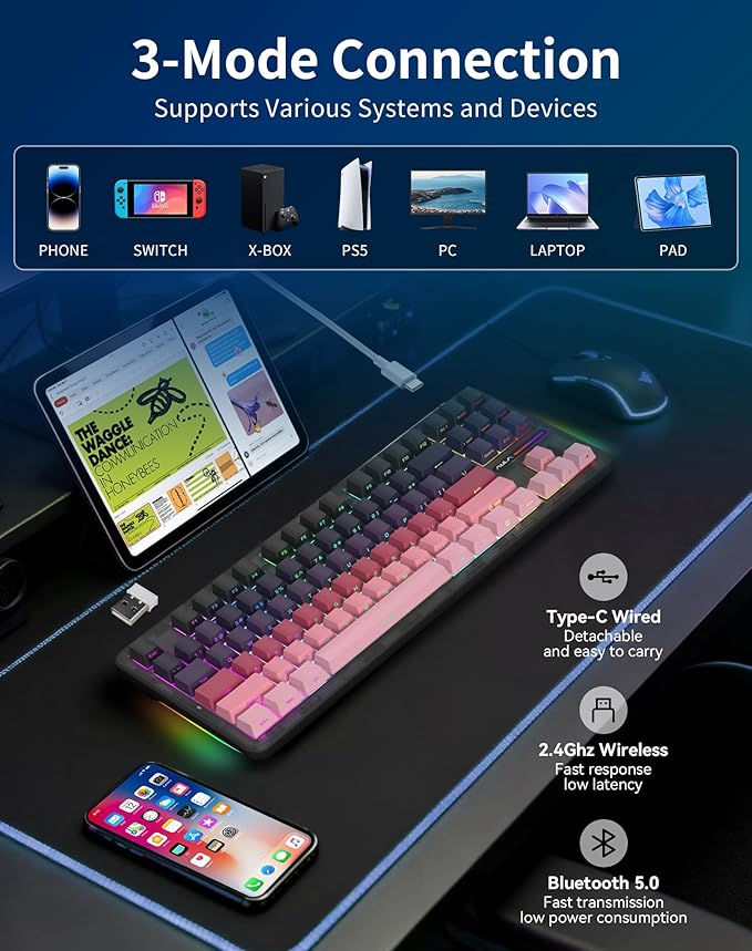 AULA F87 Pro Wireless Mechanical Keyboard Gasket Mount Hot-Swappable Custom Gaming Keyboard with 8000mAh Longest Battery - Tri-Mode BT/2.4Ghz/USB-C Pre-Lubed Linear Switches RGB for PC/Mac/PS5/Xbox