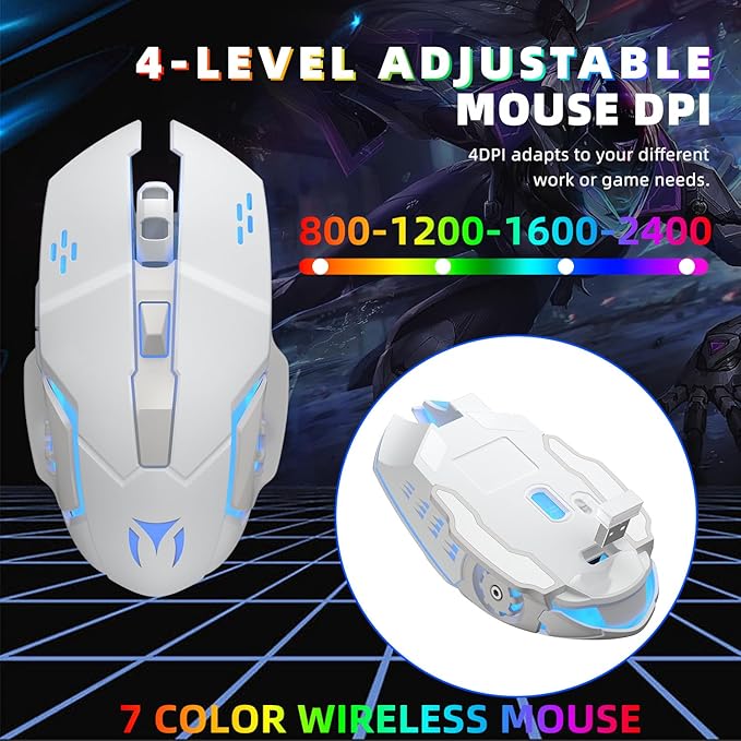 Wireless Gaming Keyboard and Mouse Combo - RGB Backlit Rechargeable Ergonomic for Gaming Work Long-Lasting Built-in Battery (White)
