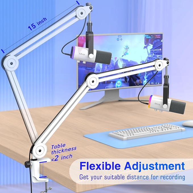 FIFINE Gaming Microphone Pack with Metal Boom Arm Stand RGB Mic with Gain KnobMic MuteMonitoring Jack Boom Arm Bundle with Adjustable Range5/8 Screw for Streaming Podcast Recording (AM8W+BM63W)